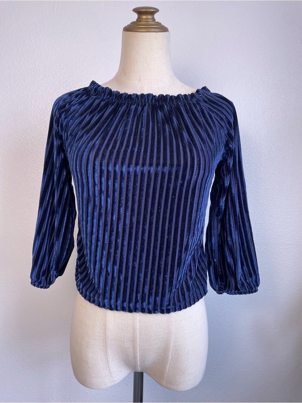 Navy midnight Blue Velvet crop top blouse striped ruffle Off-Shoulder women S/M